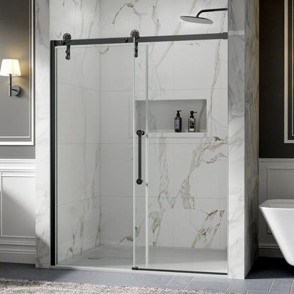 56-60" x 76" Sliding Glass Shower Doors Frameless, Matte Black, Easy Clean Fixed Glass Left | ExBrite Elysian-F Series