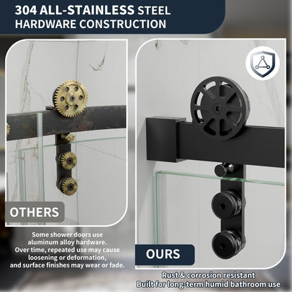 56-60" x 76" Sliding Glass Shower Doors Frameless, Matte Black, Easy Clean Fixed Glass Left | ExBrite Elysian-F Series