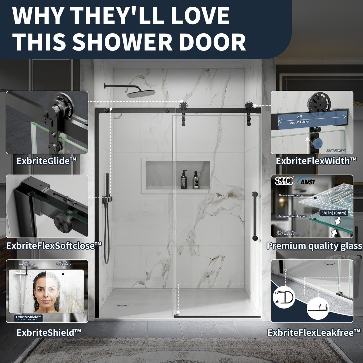 56-60" x 76" Sliding Glass Shower Doors Frameless, Matte Black, Easy Clean Fixed Glass Left | ExBrite Elysian-F Series