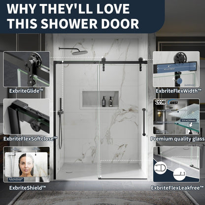 56-60" x 76" Sliding Glass Shower Doors Frameless, Matte Black, Easy Clean Fixed Glass Left | ExBrite Elysian-F Series