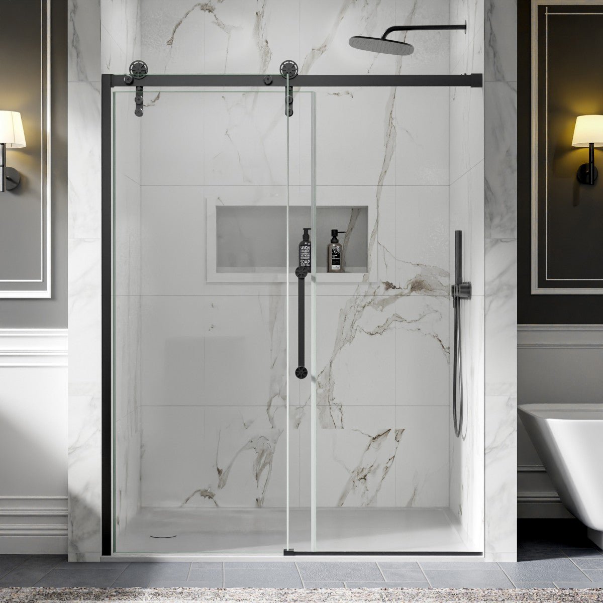 56-60" x 76" Sliding Glass Shower Doors Frameless, Matte Black, Easy Clean Fixed Glass Left | ExBrite Elysian-F Series