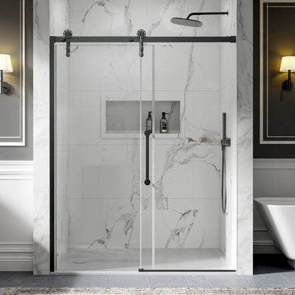56-60" x 76" Sliding Glass Shower Doors Frameless, Matte Black, Easy Clean Fixed Glass Left | ExBrite Elysian-F Series