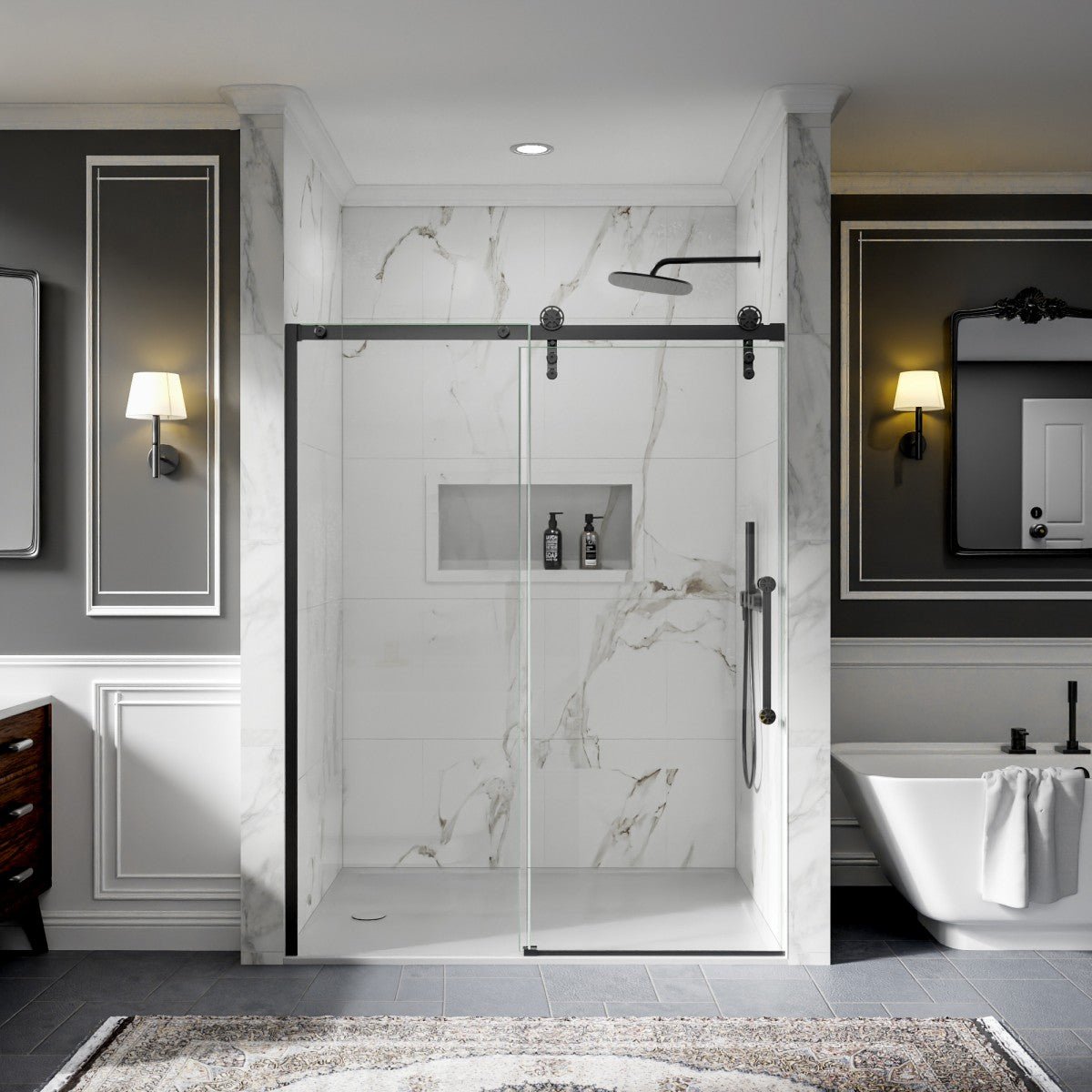 56-60" x 76" Sliding Glass Shower Doors Frameless, Matte Black, Easy Clean Fixed Glass Left | ExBrite Elysian-F Series