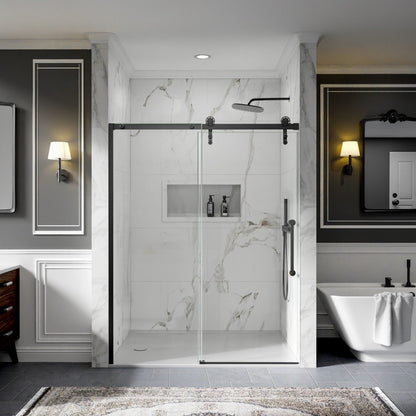 56-60" x 76" Sliding Glass Shower Doors Frameless, Matte Black, Easy Clean Fixed Glass Left | ExBrite Elysian-F Series
