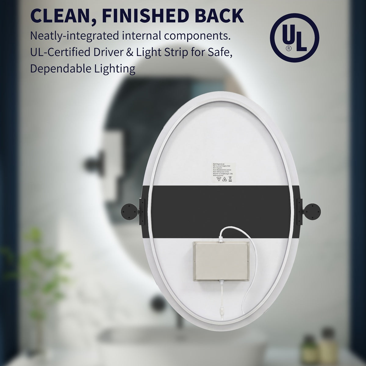 24"x 36" Navi-pro Frameless Oval 3-Color Backlit Pivoting LED Bathroom Mirror