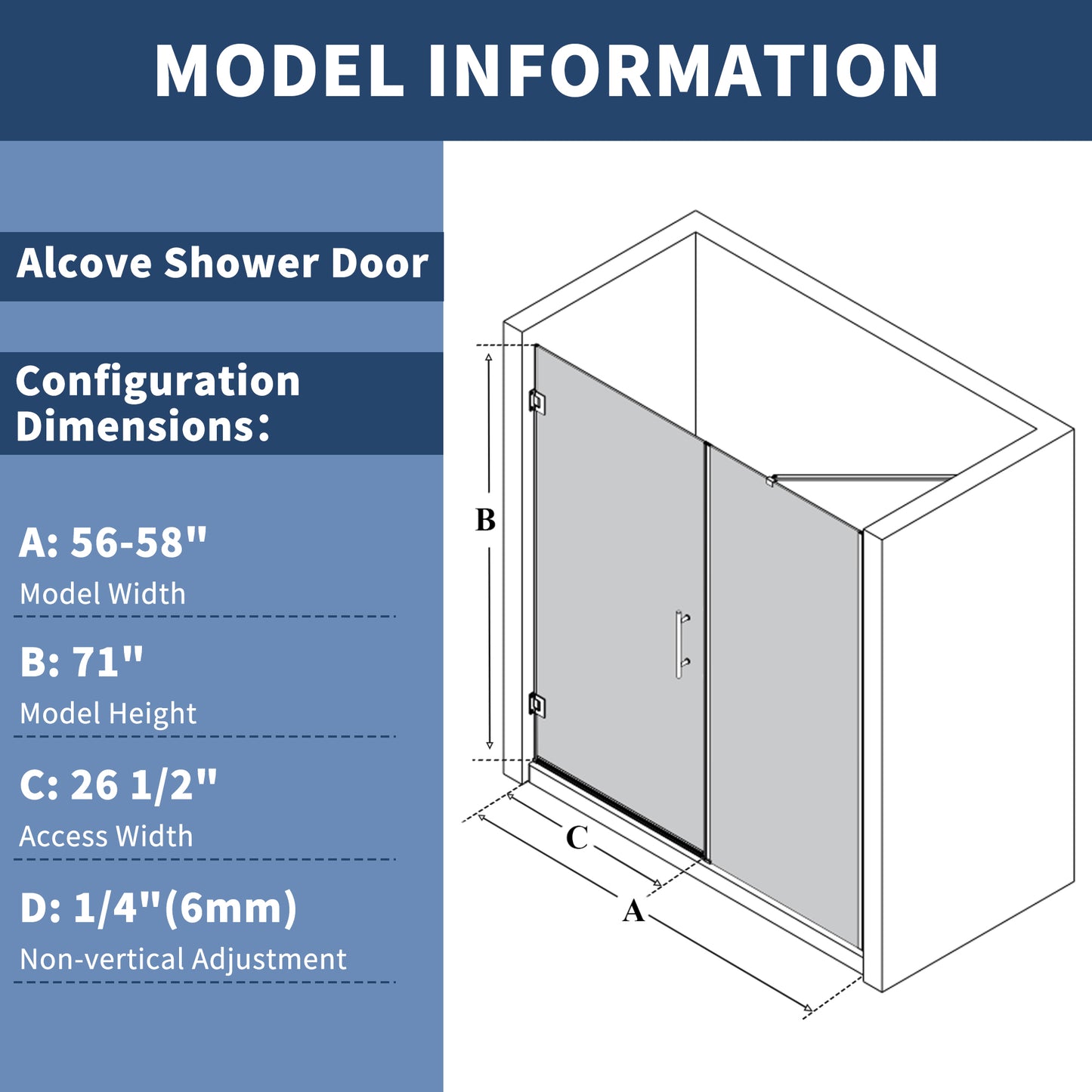 Glass Shower Door Hinges | Valor-W 56-58"Wx71"H Frameless Pivot Shower Door