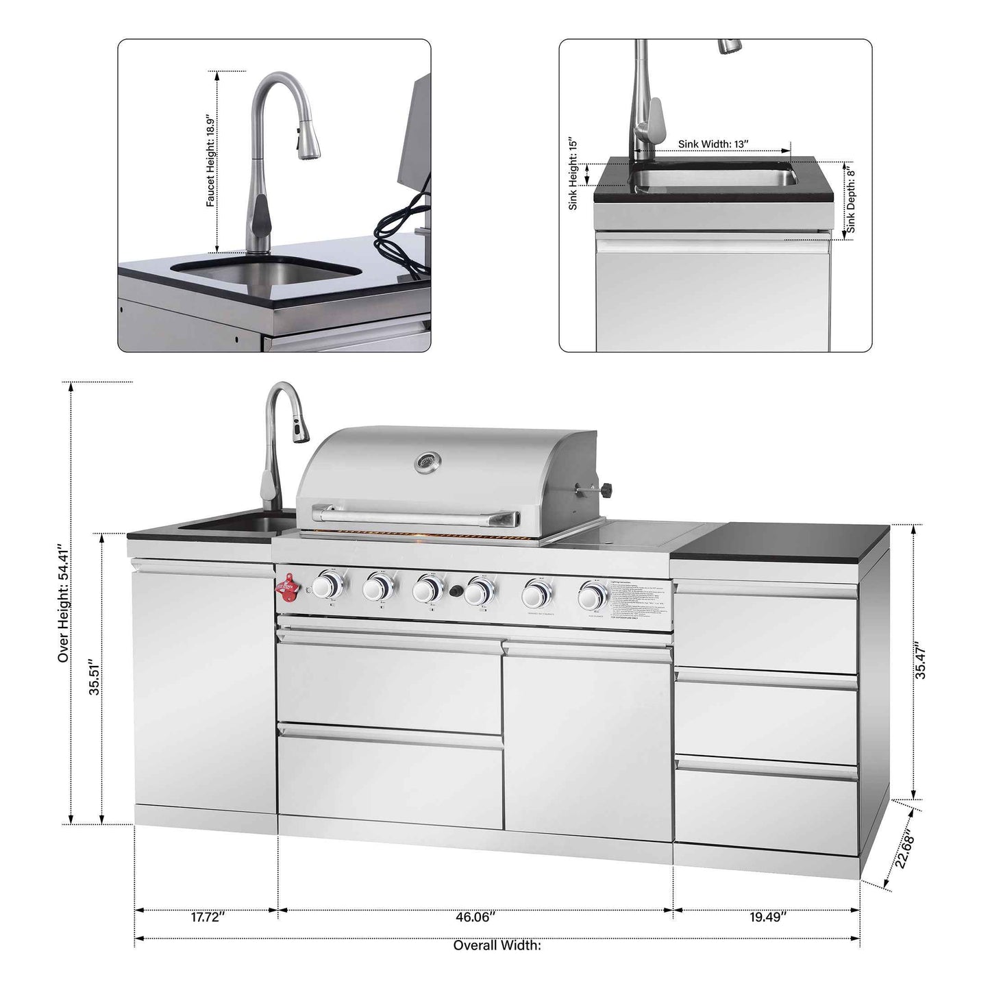 Outdoor Kitchen Island 83.3 Inch 4+1 Burner Propane Gas BBQ Grill 71500 BTU 304 Stainless Steel Silver Color With CSA, ETL Certification + Sink