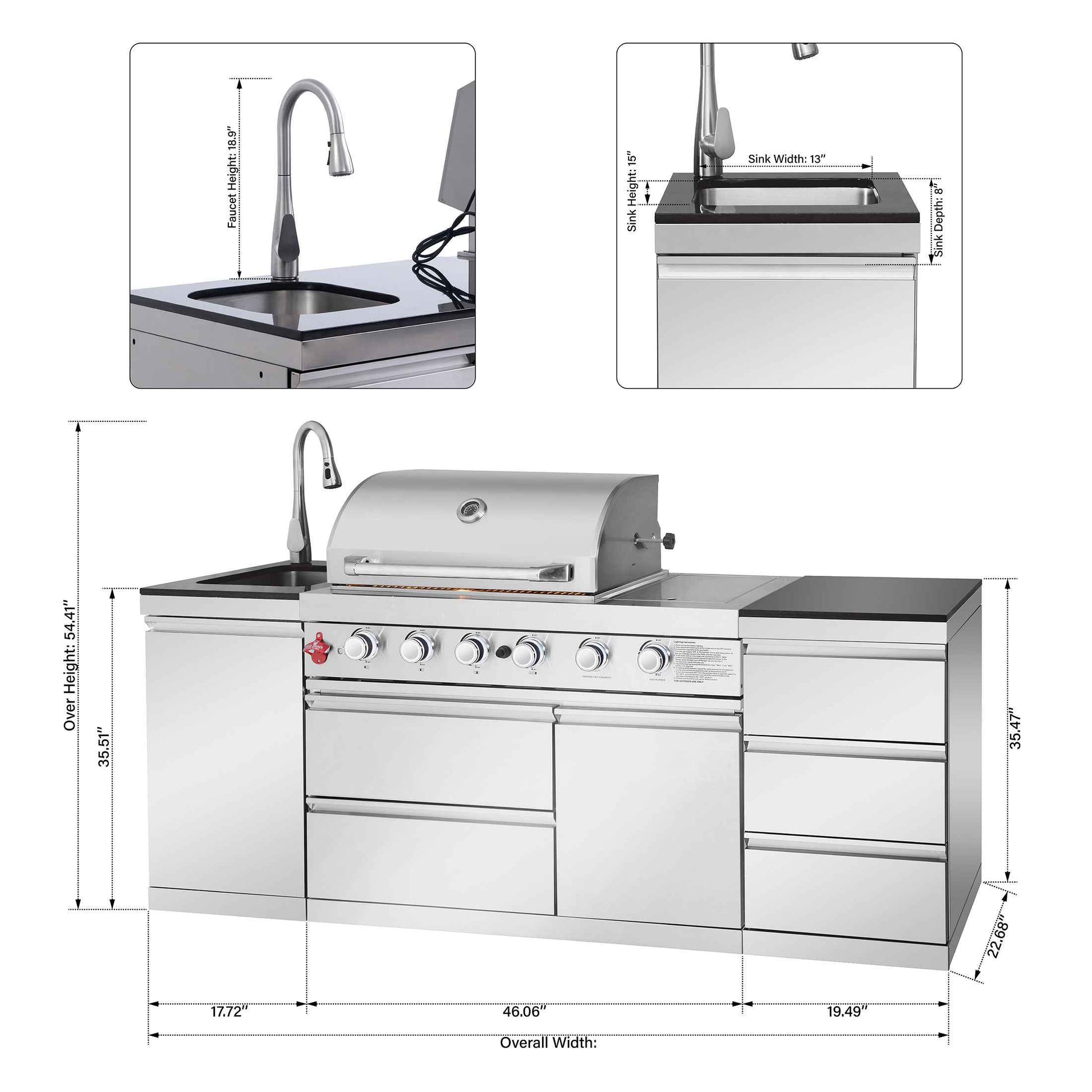 Outdoor Kitchen Island 83.3 Inch 4+1 Burner Propane Gas BBQ Grill 71500 BTU 304 Stainless Steel Silver Color With CSA, ETL Certification + Sink