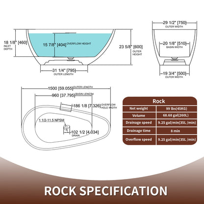 Allsumhome RockE 59" Imitation Natural Stone Freestanding Bathtub,Stone Touch,White,Scratch-proof,cUPC Certified,No Drain - ExBriteUSA