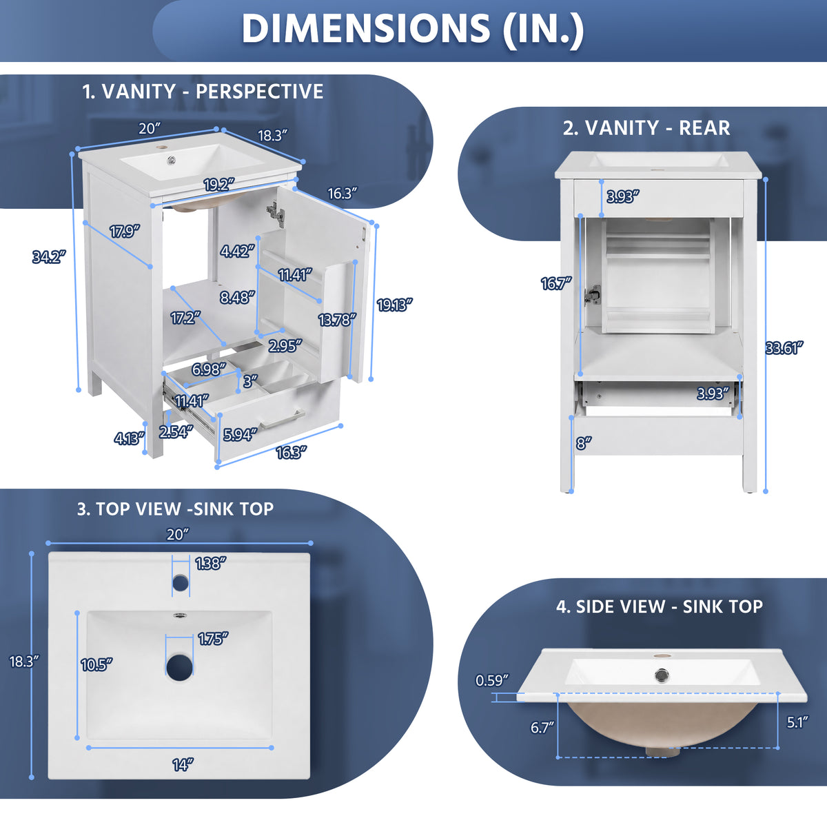 Exbrite White Bathroom Vanity with Ceramic Sink and Organizer Storage