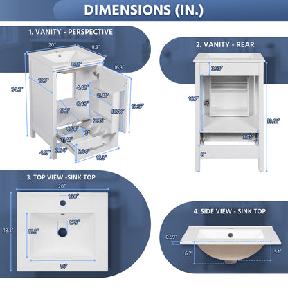 Exbrite White Bathroom Vanity with Ceramic Sink and Organizer Storage