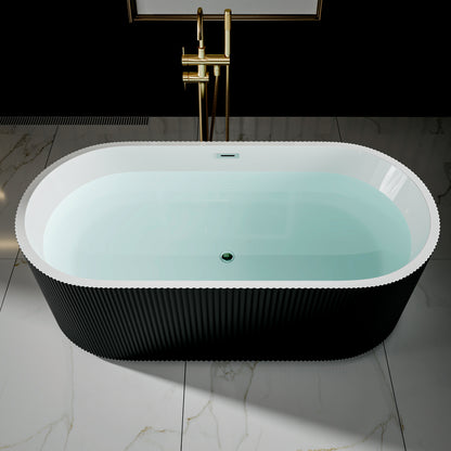 WSP-CH Exbrite 59' Acrylic Freestanding Bathtub, Unique Pleated Design, Glossy black, Chrome Overflow and Pop-Up Drain, cUPC Certified