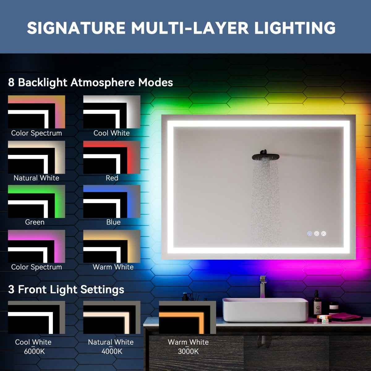 36"x 48" RGB Smart LED Bathroom Mirror–Color Changing Backlit Mirror with Anti-Fog & Dimmable Touch Control|Exbrite DYLUX
