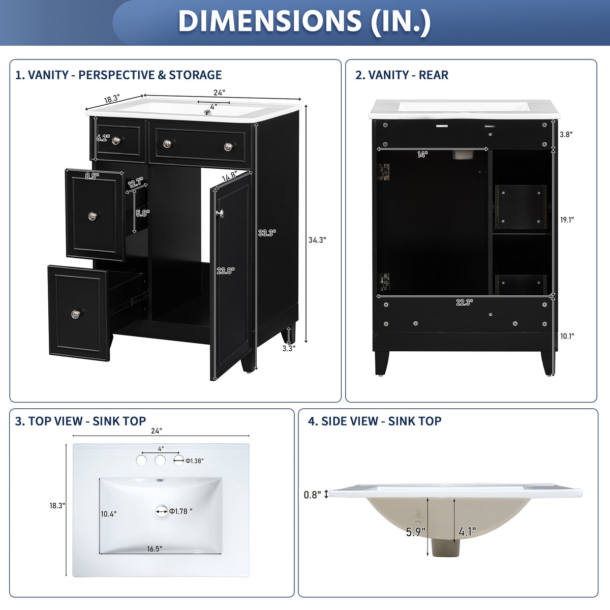 Exbrite 24-Inch Black Bathroom Vanity with Ceramic Sink and Soft-Close Storage