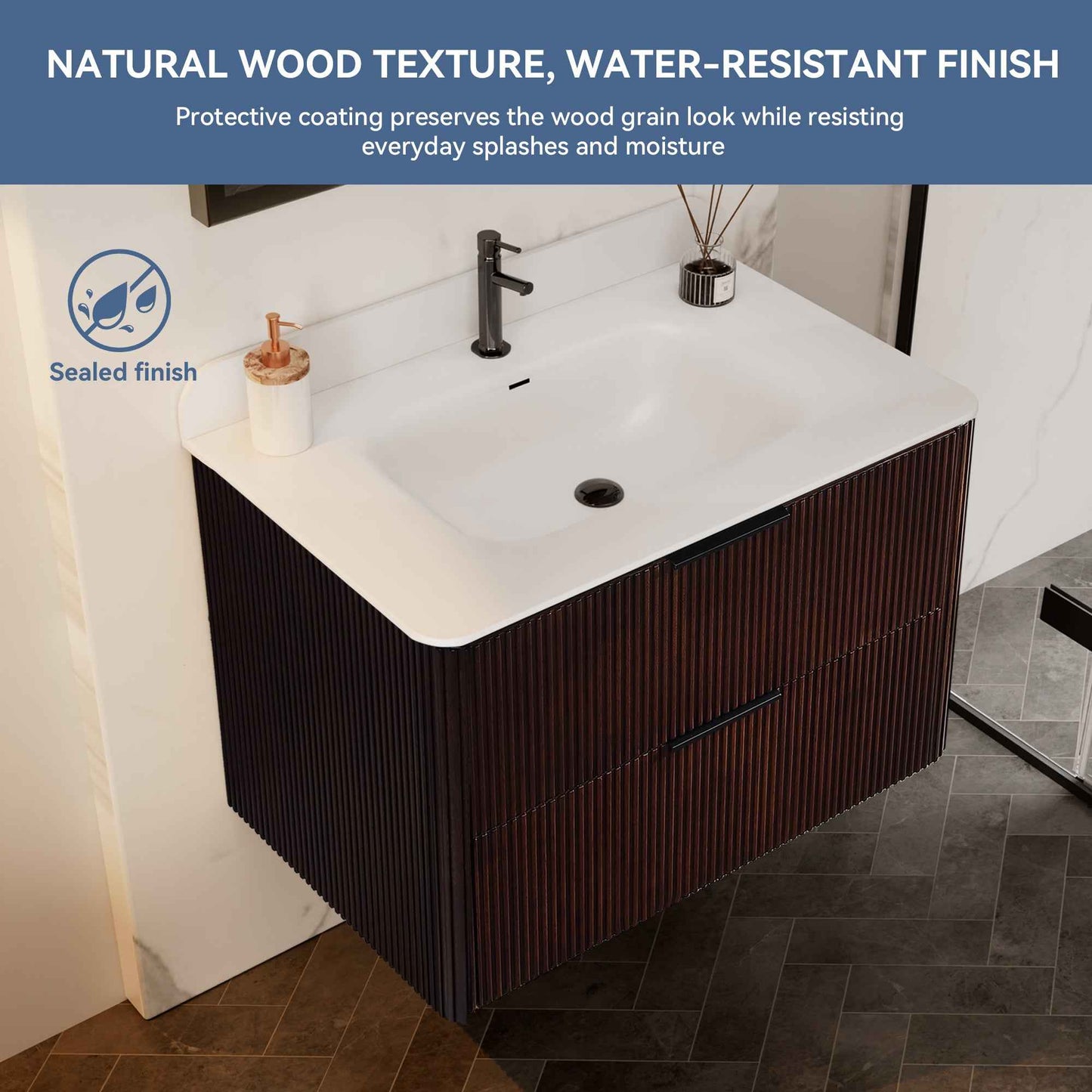 30 inch Floating Bathroom Vanity with Sink, Pre-Assembled, Wall Mounted Plywood Bathroom Storage Cabinet with Safety Rounded,Large Soft-Close Fluted Drawers & Metal Handles