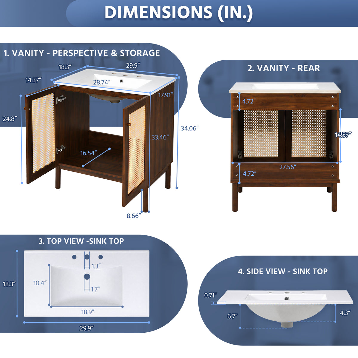 Exbrite 30-Inch Dark Walnut Bathroom Vanity with Sink and Bamboo Doors