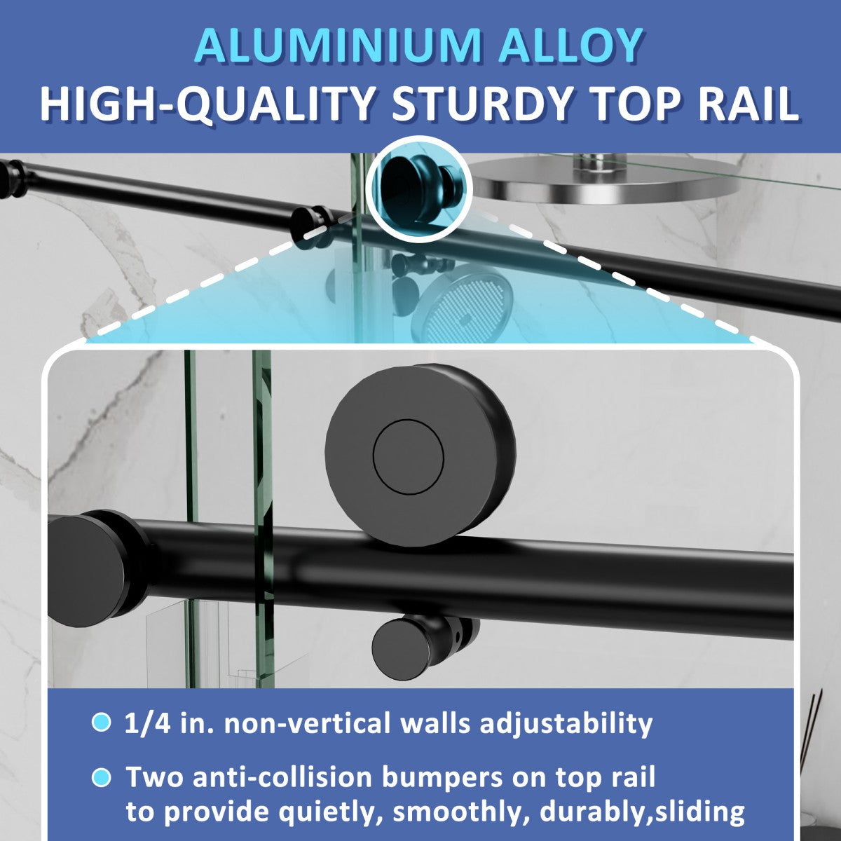 Glass shower enclosure with aluminium alloy top rail and text highlighting features.