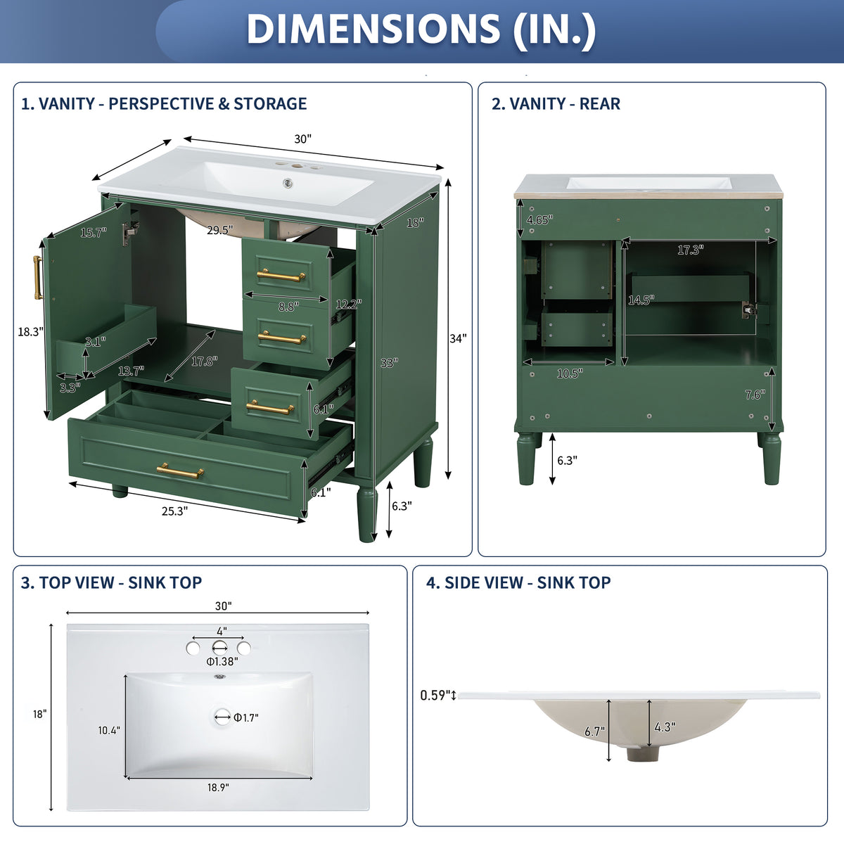 Exbrite 30-Inch Green Bathroom Vanity with Ceramic Sink and Gold Hardware