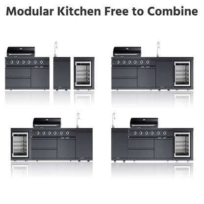 Outdoor Kitchen Island 85.2 Inch 4+1 Burner Propane Gas BBQ Grill 71500 BTU 304 Stainless Steel Black Color With CSA, ETL Certification + Sink + Refrigerator