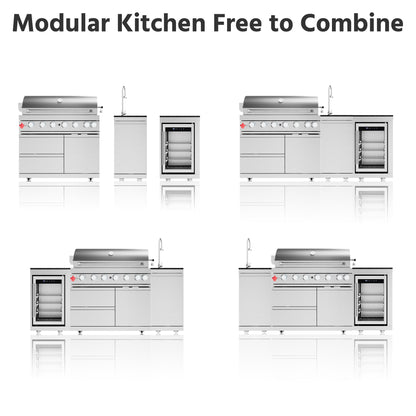 Outdoor Kitchen Island 82.5 Inch 6 Burner Propane Gas BBQ Grill 83500 BTU 304 Stainless Steel Silver Color With CSA, ETL Certification + Sink + Refrigerator