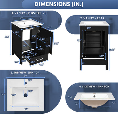 Exbrite Black Bathroom Vanity with Ceramic Sink and Organizer Storage