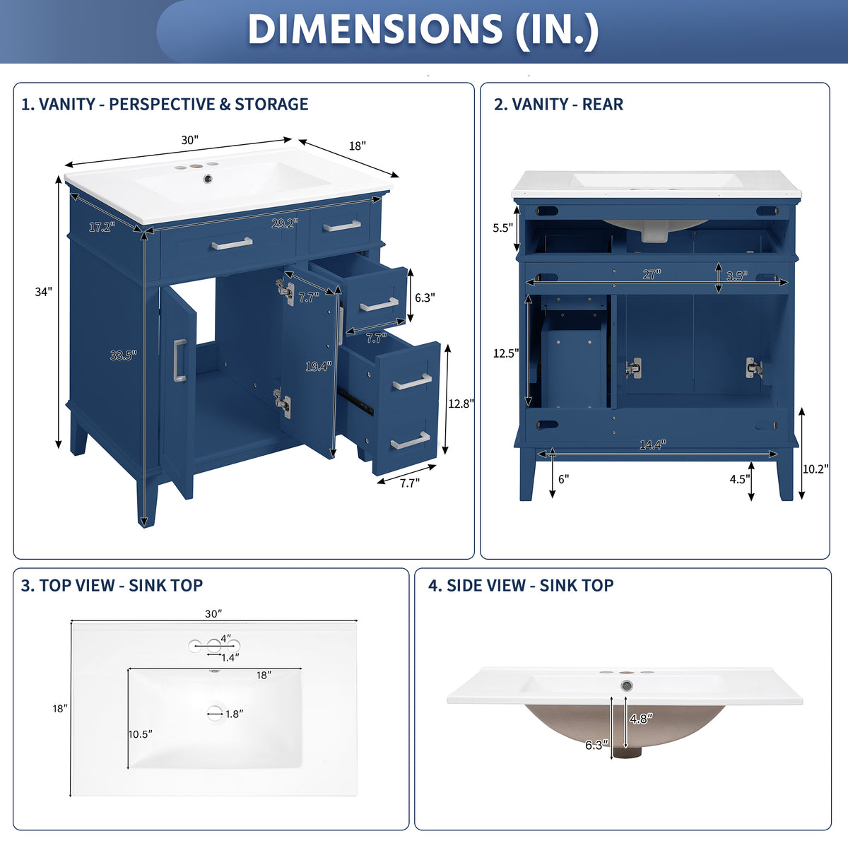 Exbrite 30-Inch Blue Bathroom Vanity with Ceramic Sink and Two Drawers