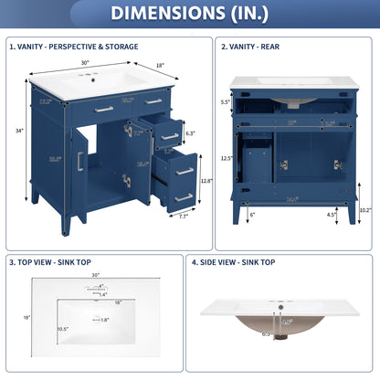 Exbrite 30-Inch Blue Bathroom Vanity with Ceramic Sink and Two Drawers
