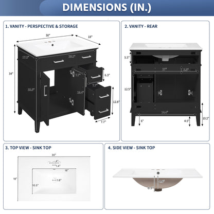 Exbrite 30-Inch Black Bathroom Vanity with Ceramic Sink and Two Drawers