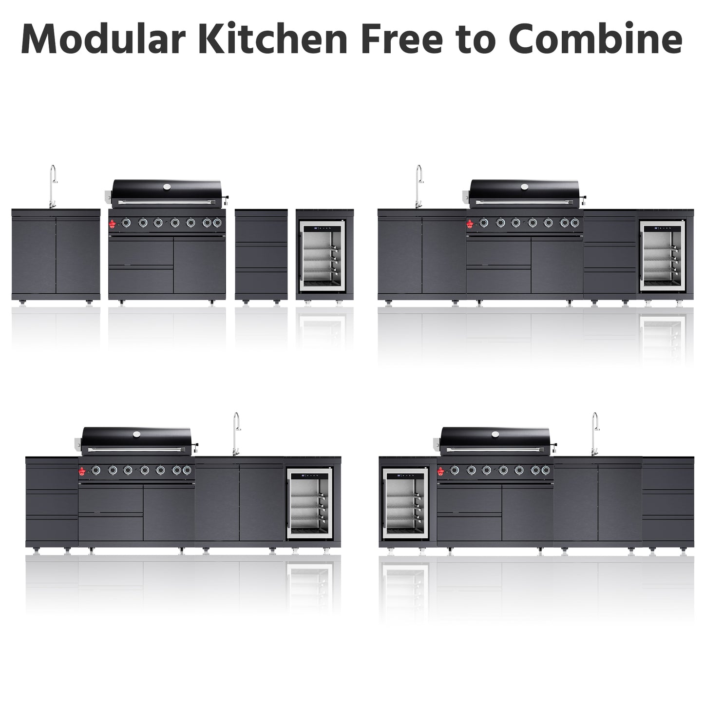 Outdoor Kitchen Island 114 Inch 6 Burner Propane Gas BBQ Grill 83500 BTU 304 Stainless Steel Black Color With CSA, ETL Certification + Sink + Refrigerator