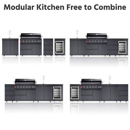 Outdoor Kitchen Island 114 Inch 6 Burner Propane Gas BBQ Grill 83500 BTU 304 Stainless Steel Black Color With CSA, ETL Certification + Sink + Refrigerator