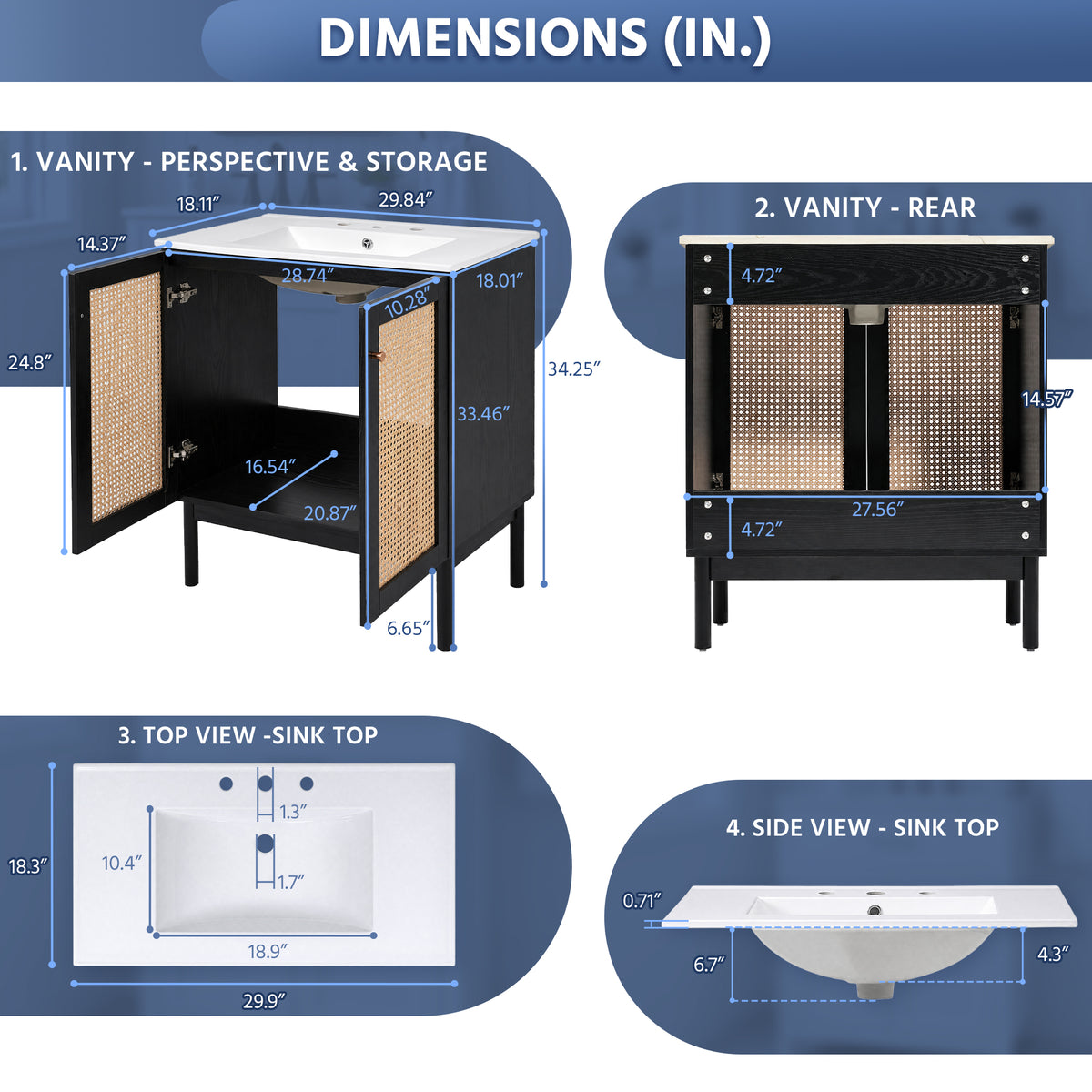 Exbrite 30-Inch Black Bathroom Vanity with Ceramic Sink and Rattan Doors