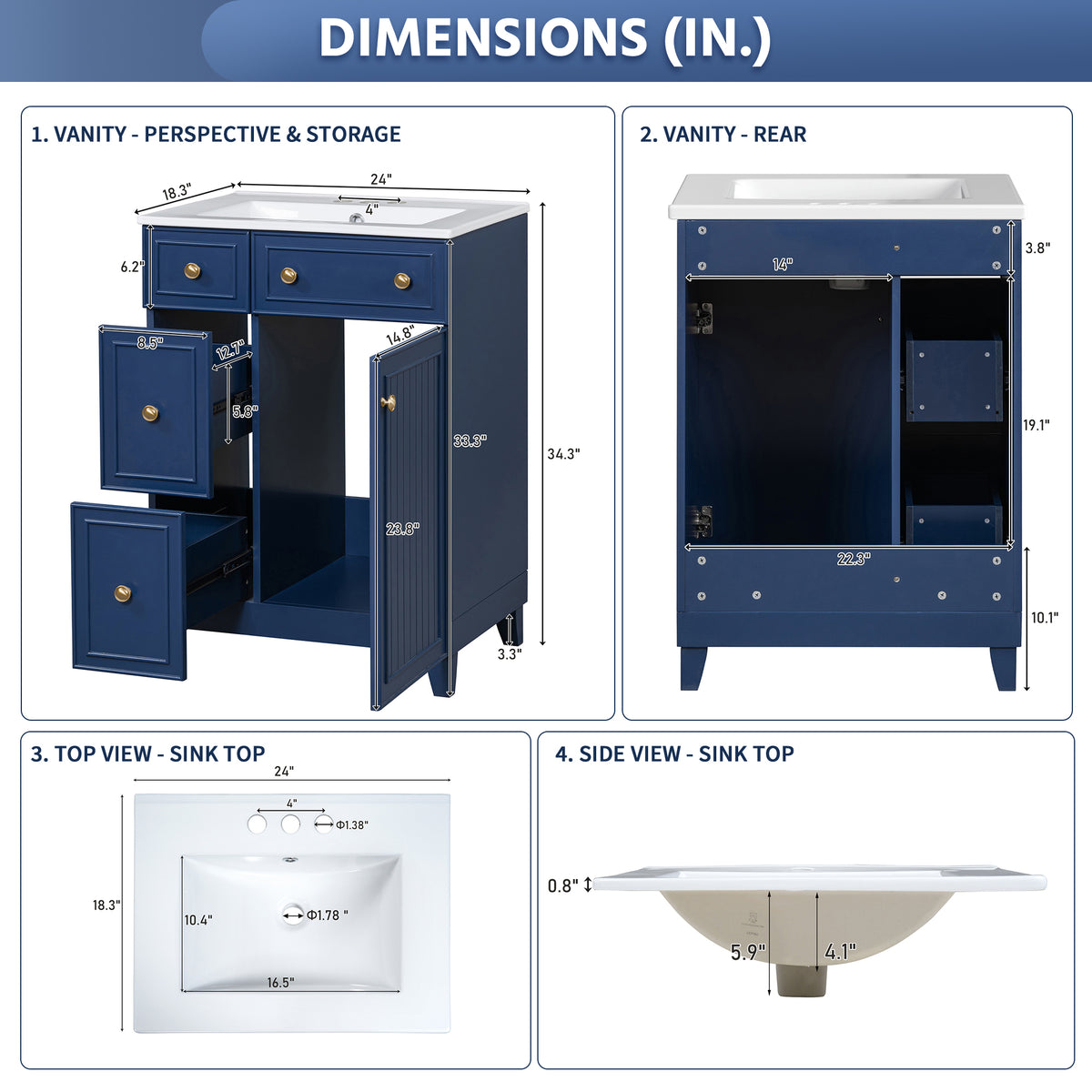 Exbrite 24-Inch Blue Bathroom Vanity with Ceramic Sink and Soft-Close Storage