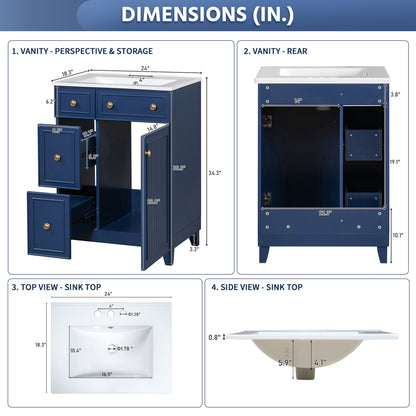 Exbrite 24-Inch Blue Bathroom Vanity with Ceramic Sink and Soft-Close Storage