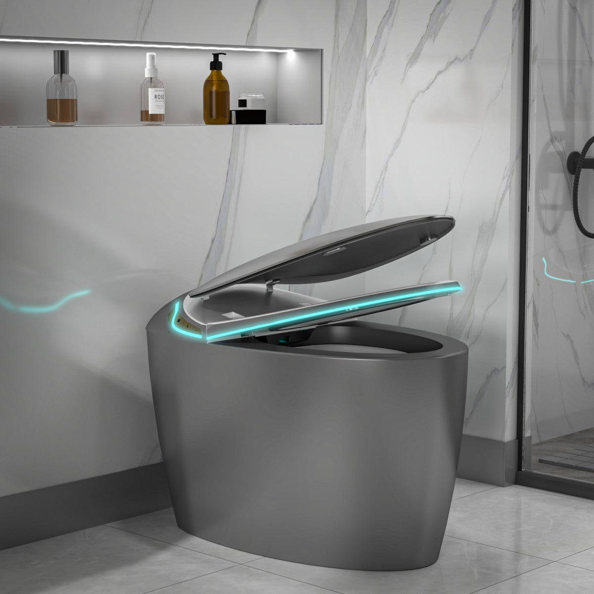 EP Exbrite Unique Smart Toilet with Bidet Built In, Intelligent One Piece Toilet For Modern Bathroom, Auto Open/Close Seat, Foot Sensor, LED Display,Night Light, Warm Water & Dryer,Grey