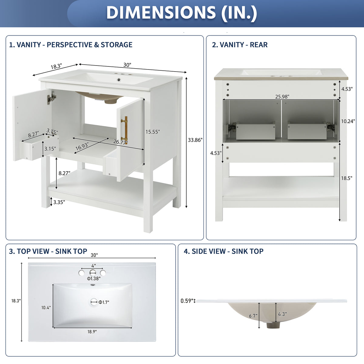 Exbrite 30-Inch White Bathroom Vanity with Ceramic Sink and Ample Storage