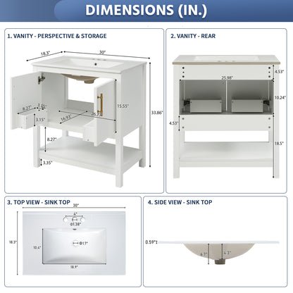 Exbrite 30-Inch White Bathroom Vanity with Ceramic Sink and Ample Storage