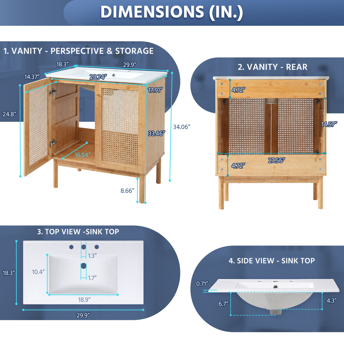 Exbrite 30-Inch Natural Wood Bathroom Vanity with Sink and Rattan Doors