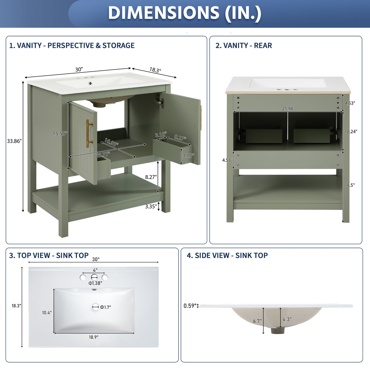 Exbrite 30-Inch Green Bathroom Vanity with Ceramic Sink and Ample Storage