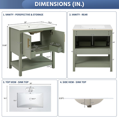Exbrite 30-Inch Green Bathroom Vanity with Ceramic Sink and Ample Storage
