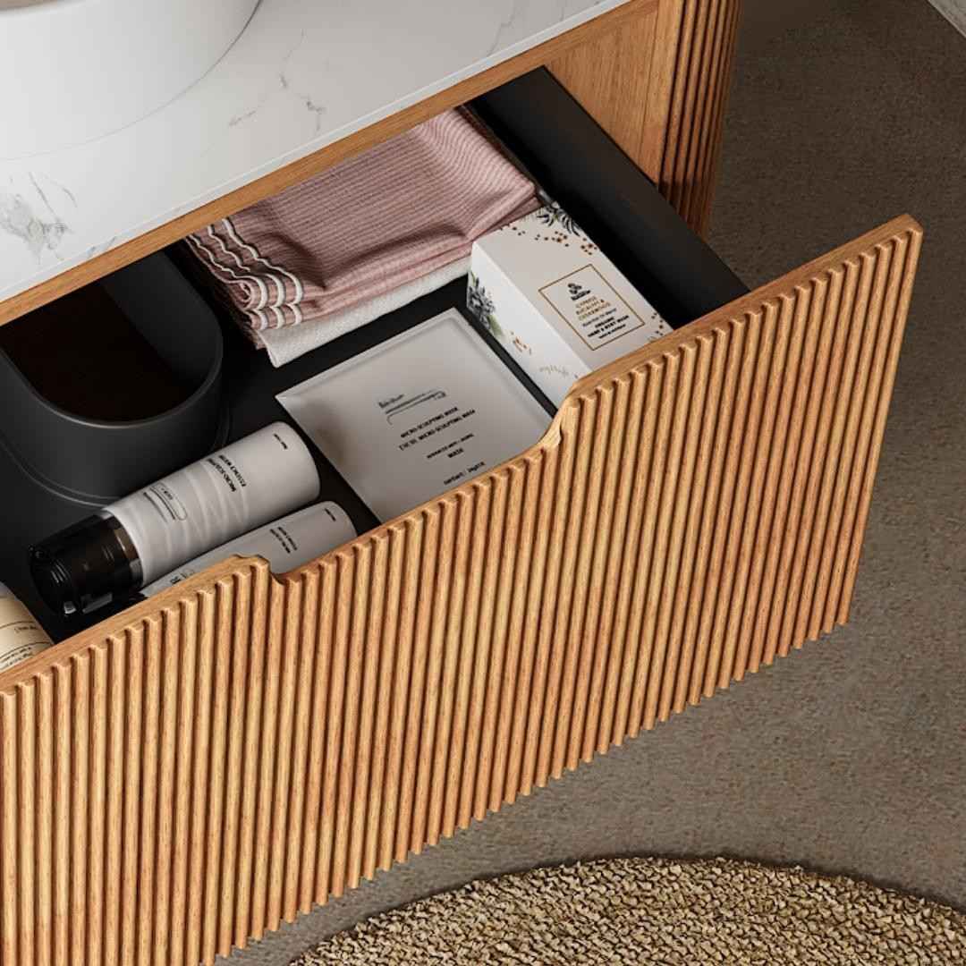 ExBrite DN 30' Bathroom Vanity & Sink, Wall-Mounted Floating Curved Edges Striped Bathroom Storage Cabinet with Drawer, White Round Ceramic Basin with Stone Pattern, Pre-assembled, Natural Woodgrain Color