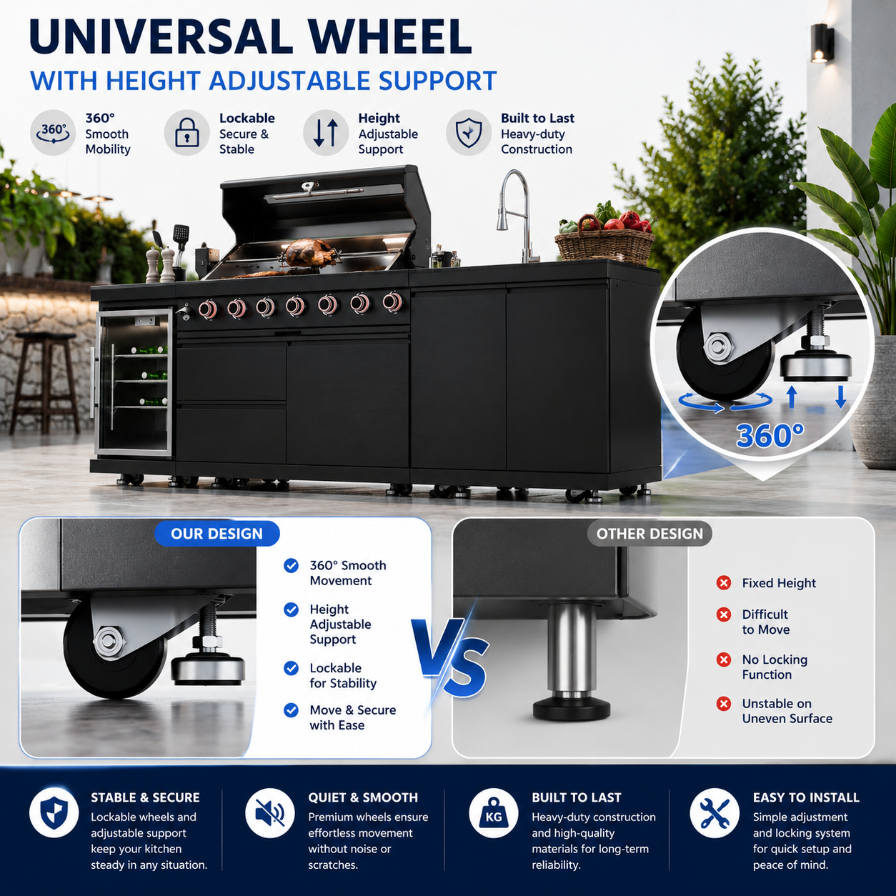 46-Inch 4-Burner 72000 BTU Deluxe Stainless Steel Gas Outdoor Kitchen Bar Barbecue Island Grill + Wine Cooler Compact Refrigerator + Rotisserie kit + Granite Countertops + Stainless steel Sink-104