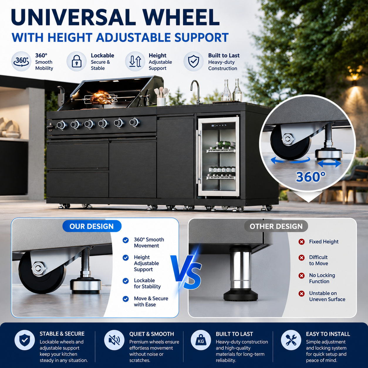 Outdoor Kitchen Island 85.2 Inch 4+1 Burner Propane Gas BBQ Grill 71500 BTU 304 Stainless Steel Black Color With CSA, ETL Certification + Sink + Refrigerator
