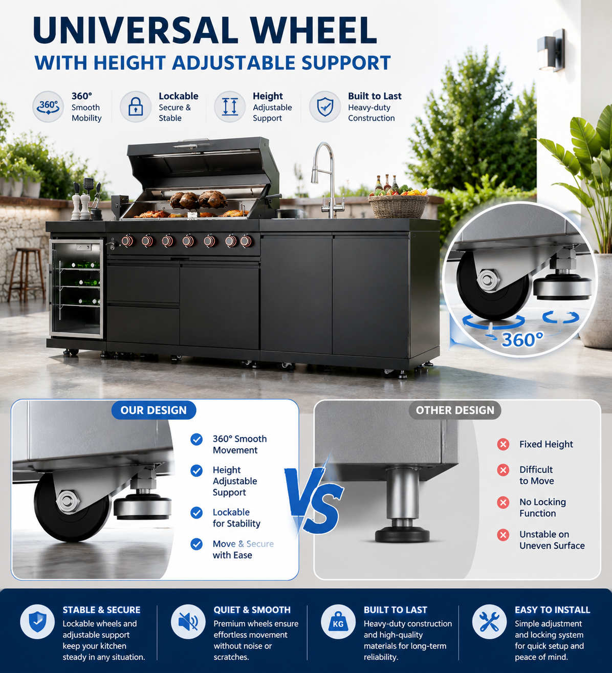 43-Inch 6-Burner 85000 BTU Deluxe Stainless Steel Gas Outdoor Kitchen Bar Barbecue Island Grill + Wine Cooler Compact Refrigerator + Rotisserie kit + Granite Countertops + Stainless steel Sink