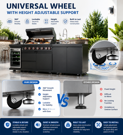 43-Inch 6-Burner 85000 BTU Deluxe Stainless Steel Gas Outdoor Kitchen Bar Barbecue Island Grill + Wine Cooler Compact Refrigerator + Rotisserie kit + Granite Countertops + Stainless steel Sink