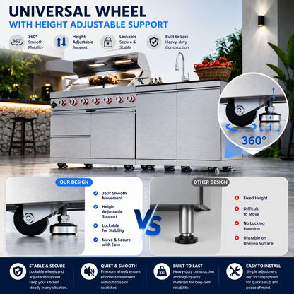 43-Inch 6-Burner 85000 BTU Deluxe Stainless Steel Gas Outdoor Kitchen Bar Barbecue Island Grill  + Rotisserie + Granite Countertops + Storage Cabinets & Drawers + Stainless Steel Sink/Faucet