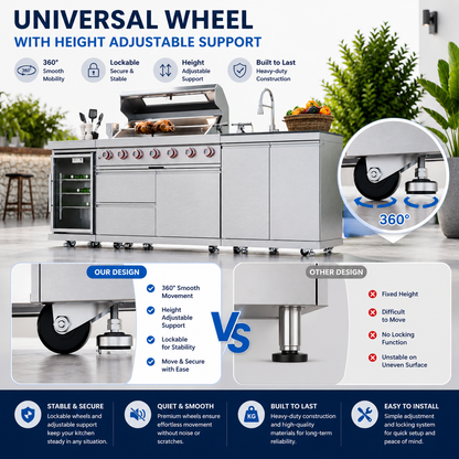 43-Inch 6-Burner 85000 BTU Deluxe Stainless Steel Gas Outdoor Kitchen Bar Barbecue Island Grill  + Wine Cooler Compact Refrigerator + Rotisserie + Granite Countertops + Storage Cabinets & Drawers