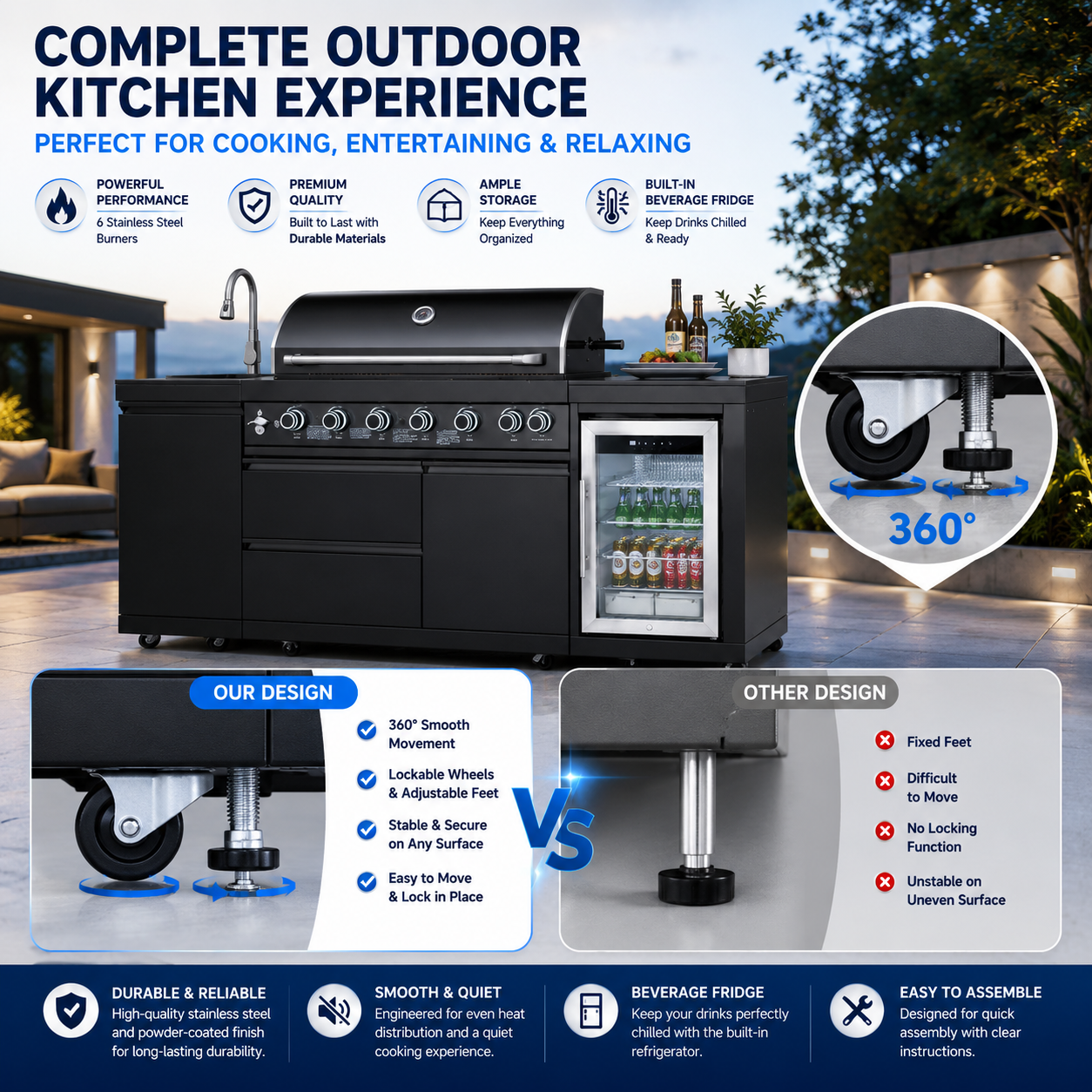 Outdoor Kitchen Island 82.5 Inch 6 Burner Propane Gas BBQ Grill 83500 BTU 304 Stainless Steel Black Color With CSA, ETL Certification + Sink + Refrigerator