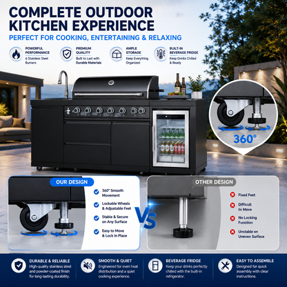 Outdoor Kitchen Island 82.5 Inch 6 Burner Propane Gas BBQ Grill 83500 BTU 304 Stainless Steel Black Color With CSA, ETL Certification + Sink + Refrigerator