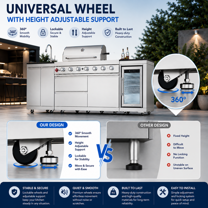 Outdoor Kitchen Island 82.5 Inch 6 Burner Propane Gas BBQ Grill 83500 BTU 304 Stainless Steel Silver Color With CSA, ETL Certification + Sink + Refrigerator