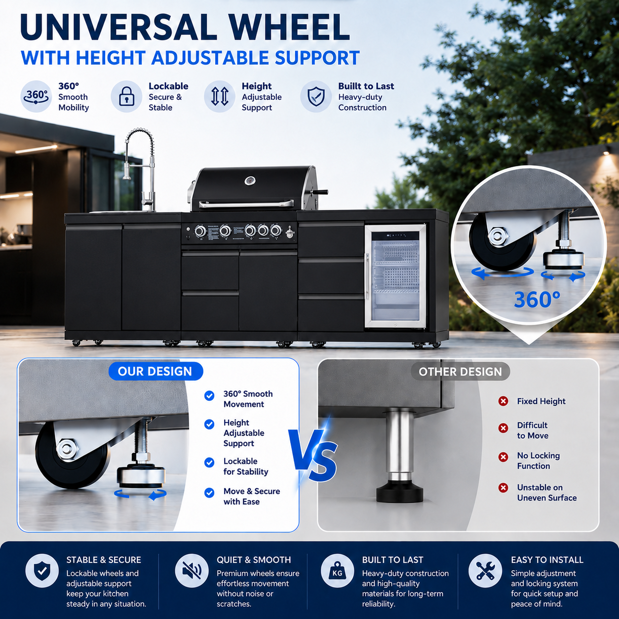 Outdoor Kitchen Island 102.4 Inch 4 Burner Propane Gas BBQ Grill 59500 BTU 304 Stainless Steel Black Color With CSA, ETL Certification + Sink + Refrigerator